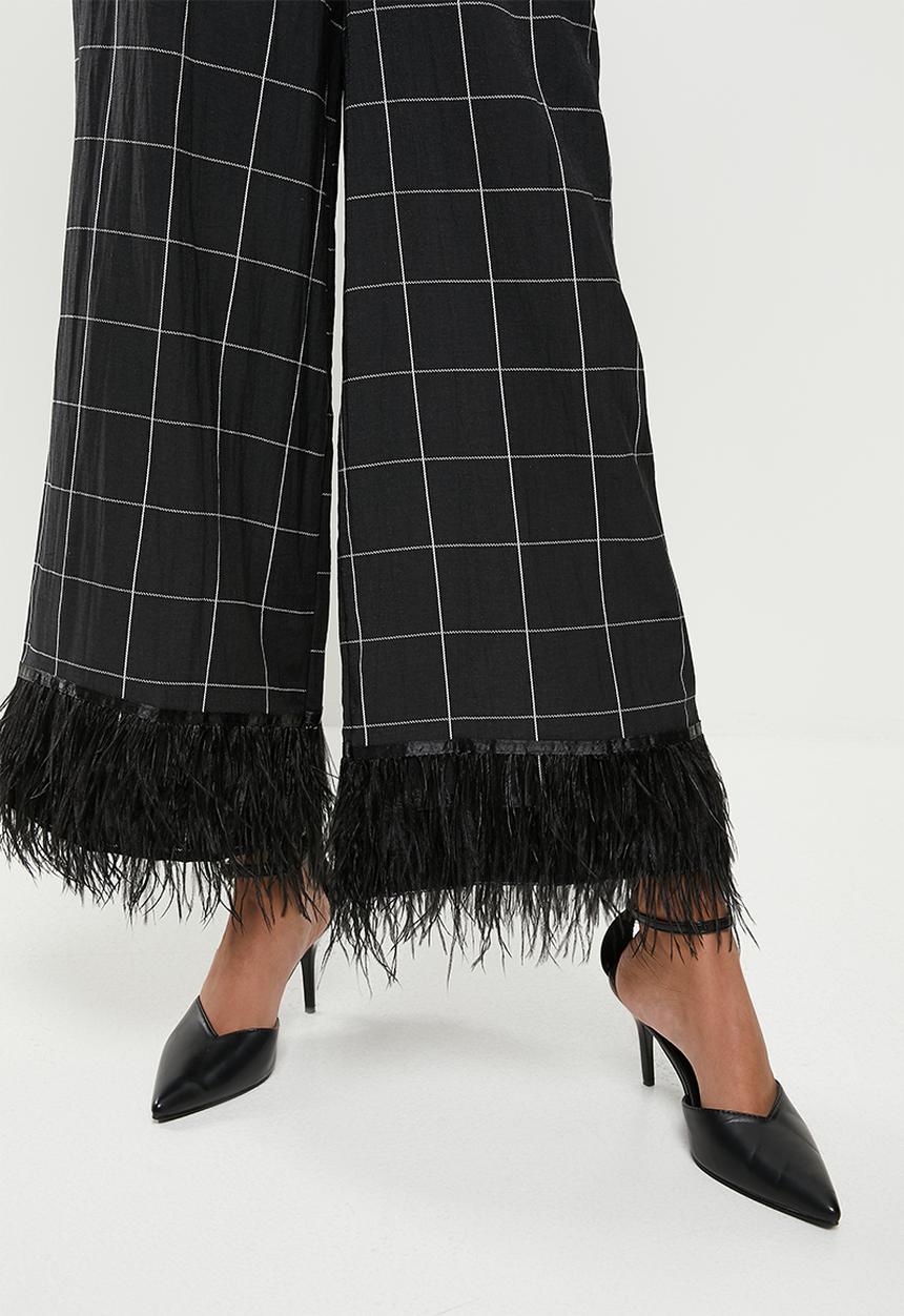 Me&B - Feather trims check pants - black