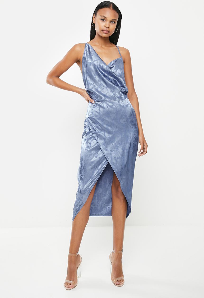 Missguided - Asym strap drape satin midi dress - blue