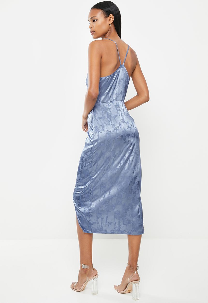 Missguided - Asym strap drape satin midi dress - blue