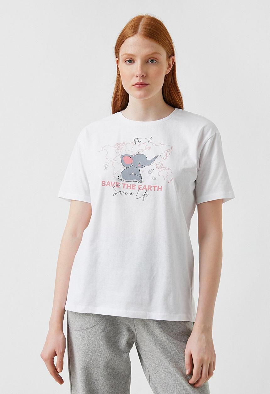 Koton - Printed short sleeve cotton T-shirt - ecru