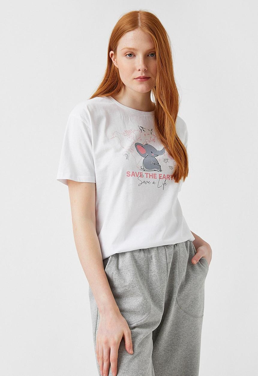 Koton - Printed short sleeve cotton T-shirt - ecru