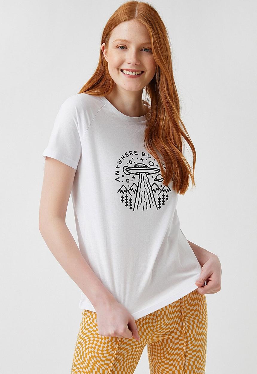 Koton - Printed short sleeve cotton T-shirt - ecru