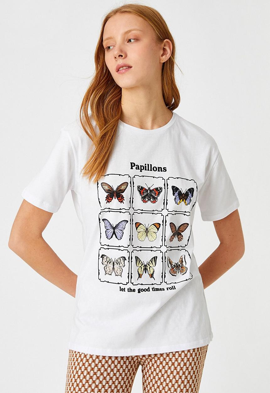 Koton - Printed short sleeve cotton T-shirt - ecru