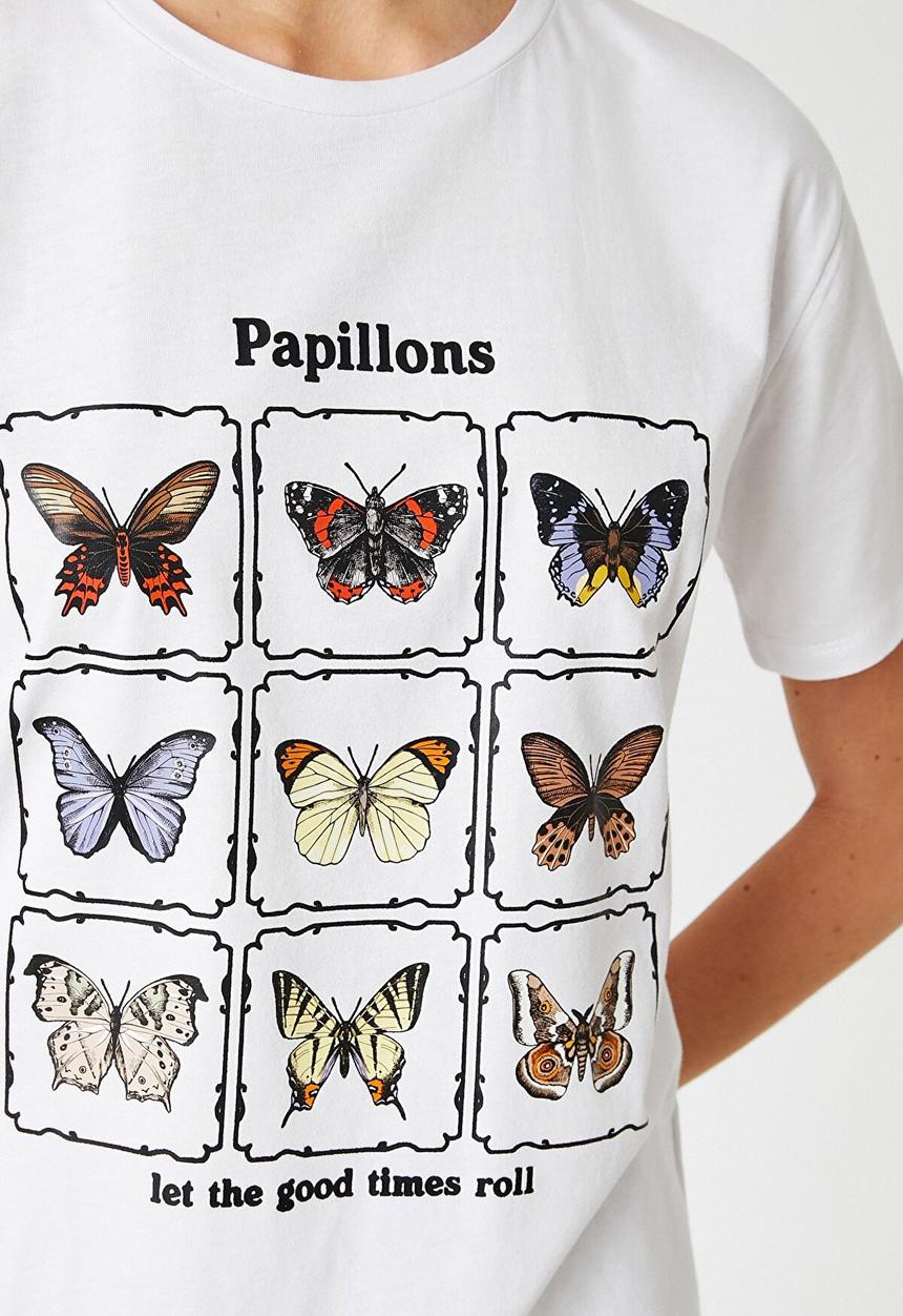 Koton - Printed short sleeve cotton T-shirt - ecru