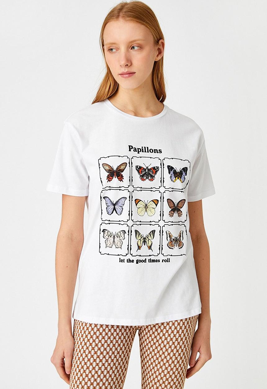 Koton - Printed short sleeve cotton T-shirt - ecru