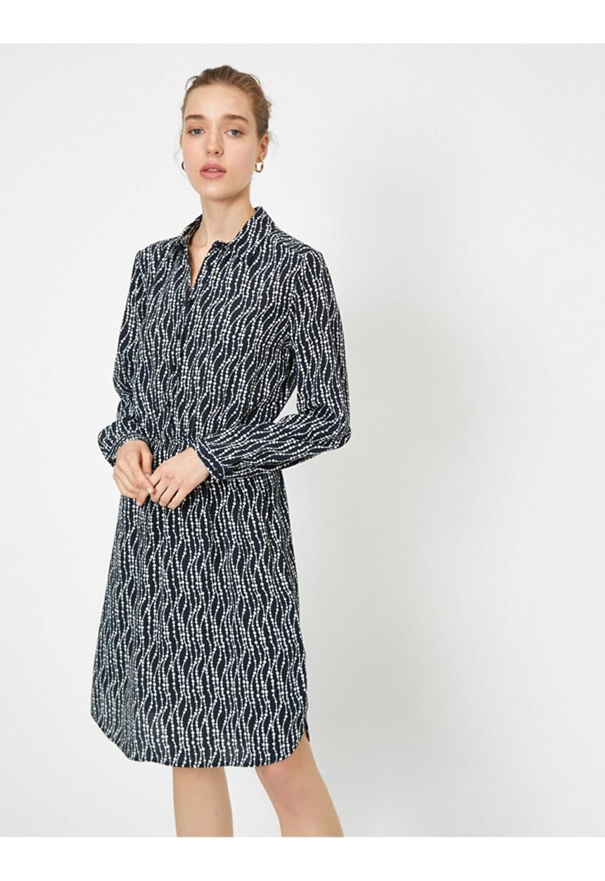 Koton - Shirt neck, long sleeve, button detailed, midi dress - black patterned