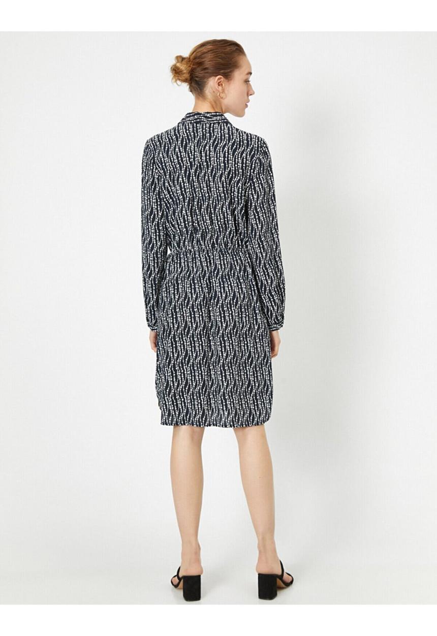 Koton - Shirt neck, long sleeve, button detailed, midi dress - black patterned
