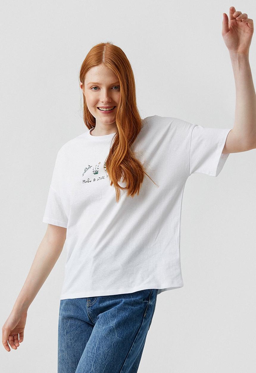 Koton - Printed short sleeve cotton T-shirt - off white