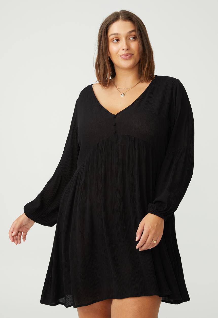Cotton On - Curve woven linda long sleeve mini dress- black texture
