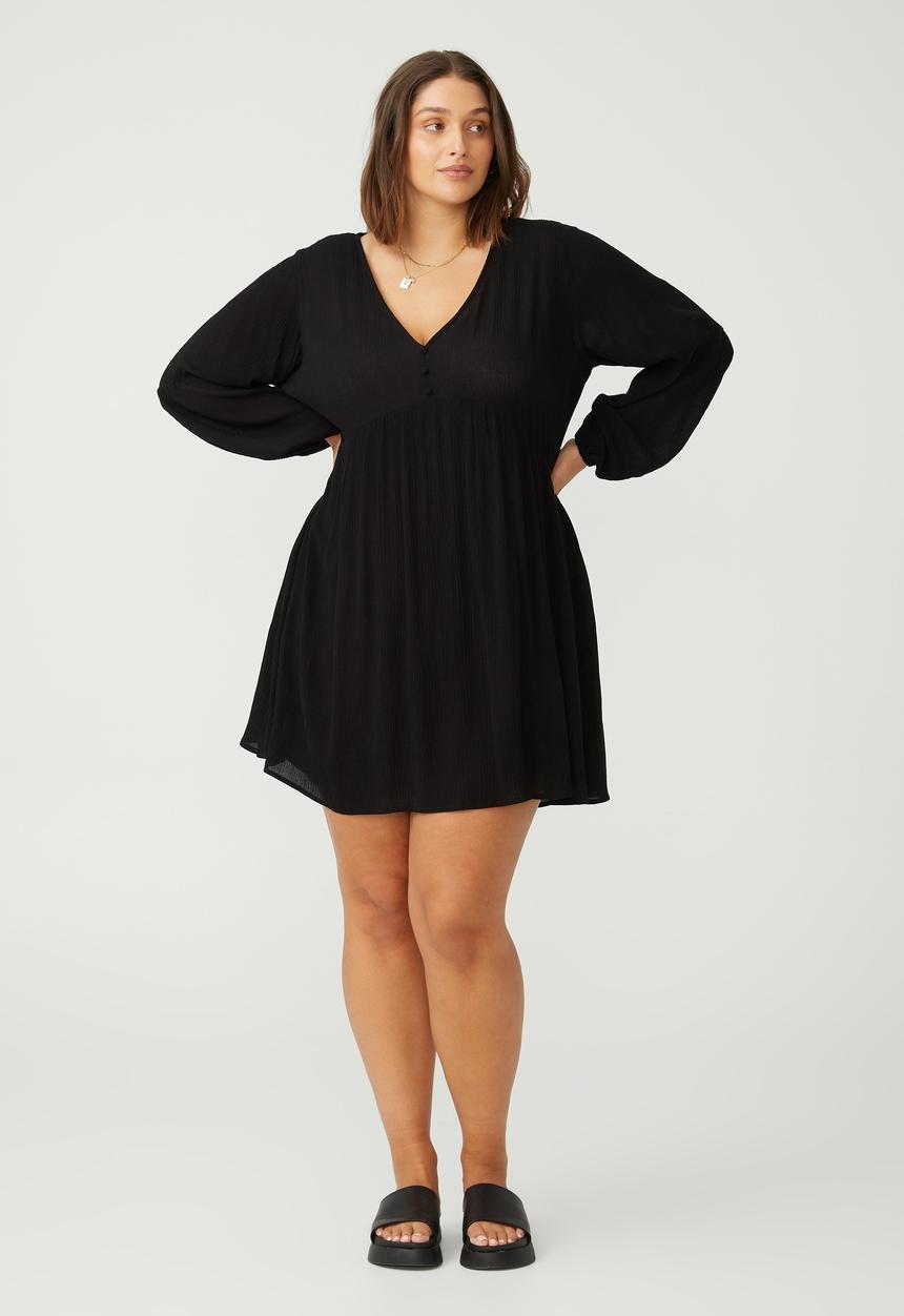 Cotton On - Curve woven linda long sleeve mini dress- black texture