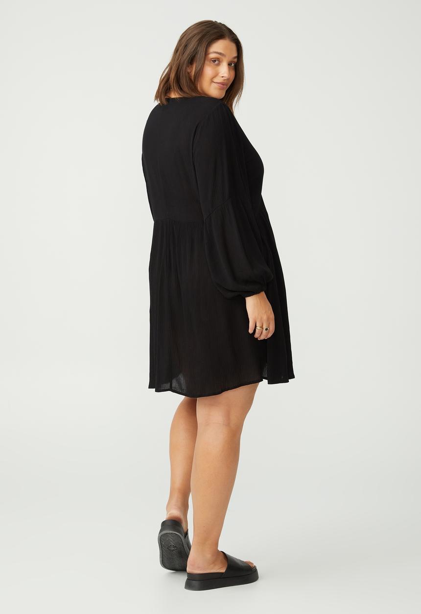 Cotton On - Curve woven linda long sleeve mini dress- black texture
