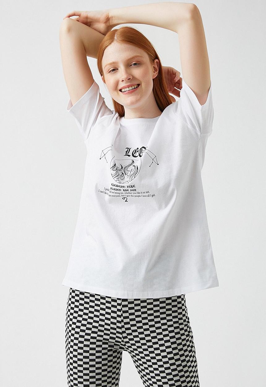 Koton - Printed short sleeve cotton T-shirt - ecru