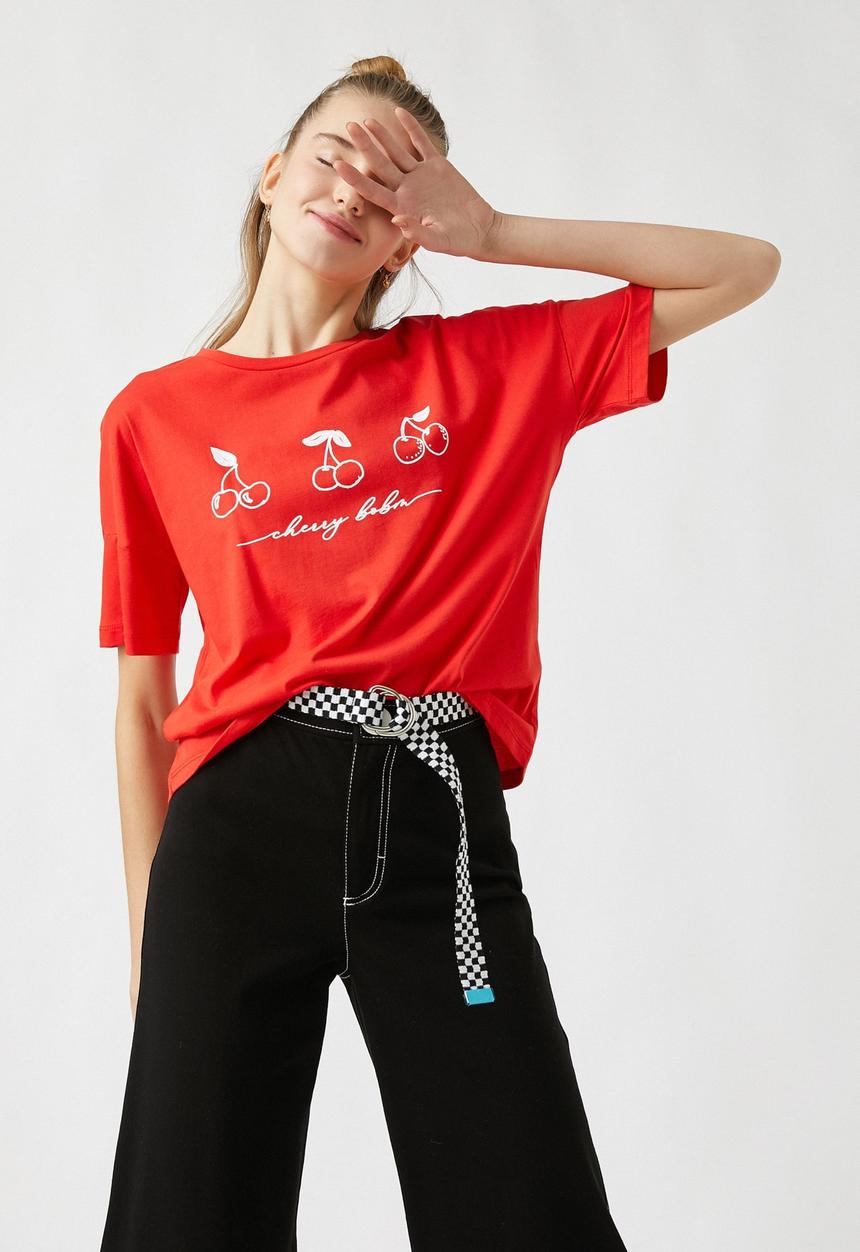 Koton - Printed short sleeve cotton T-shirt - red