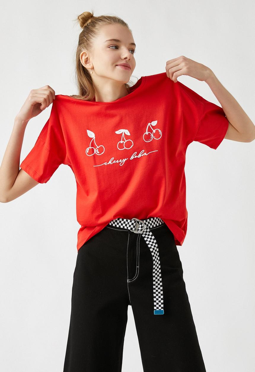 Koton - Printed short sleeve cotton T-shirt - red