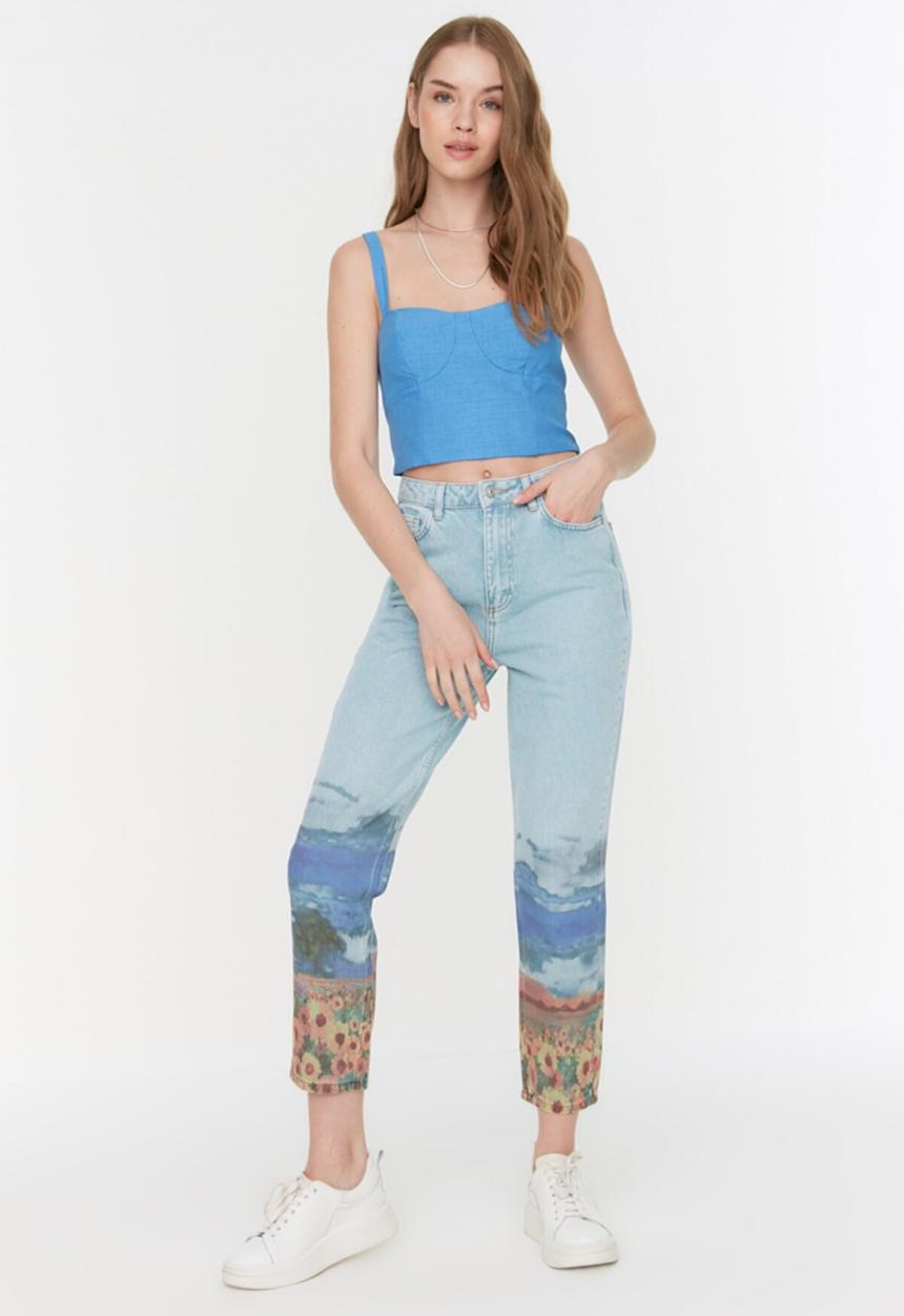 Koton - Printed high waist mom jeans - light blue