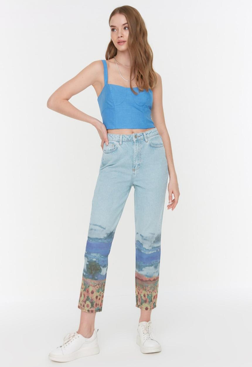 Koton - Printed high waist mom jeans - light blue