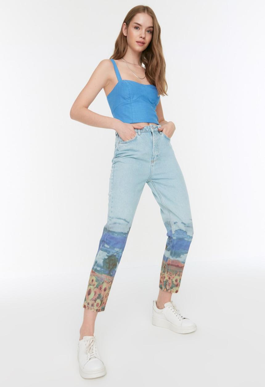 Koton - Printed high waist mom jeans - light blue
