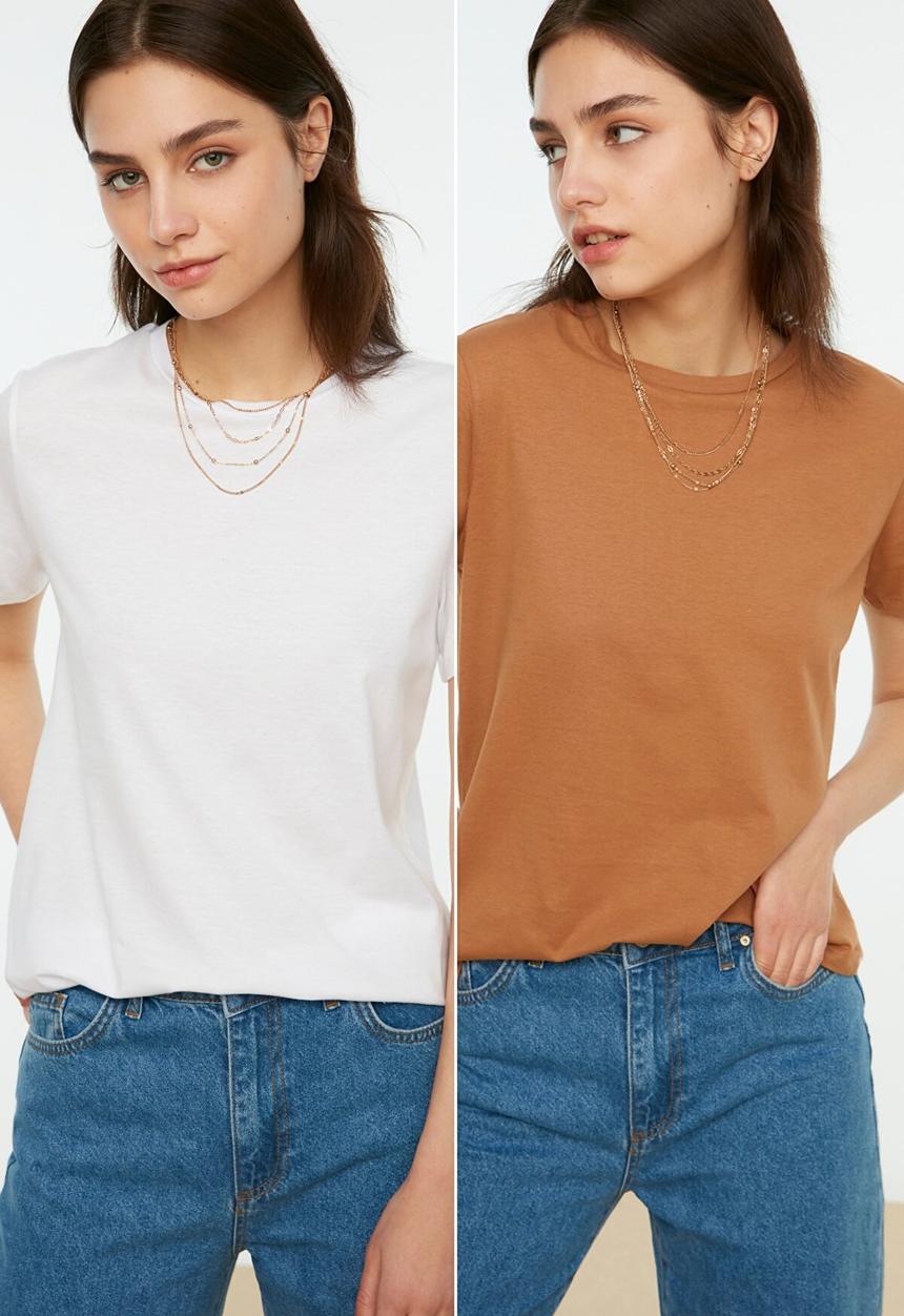 Koton - Crew neck 2-pack knitted t-shirt - camel & white