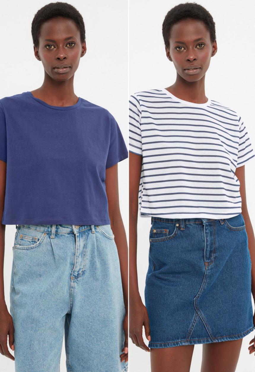 Koton - 2 Pack striped-plain T-shirt - navy & white 