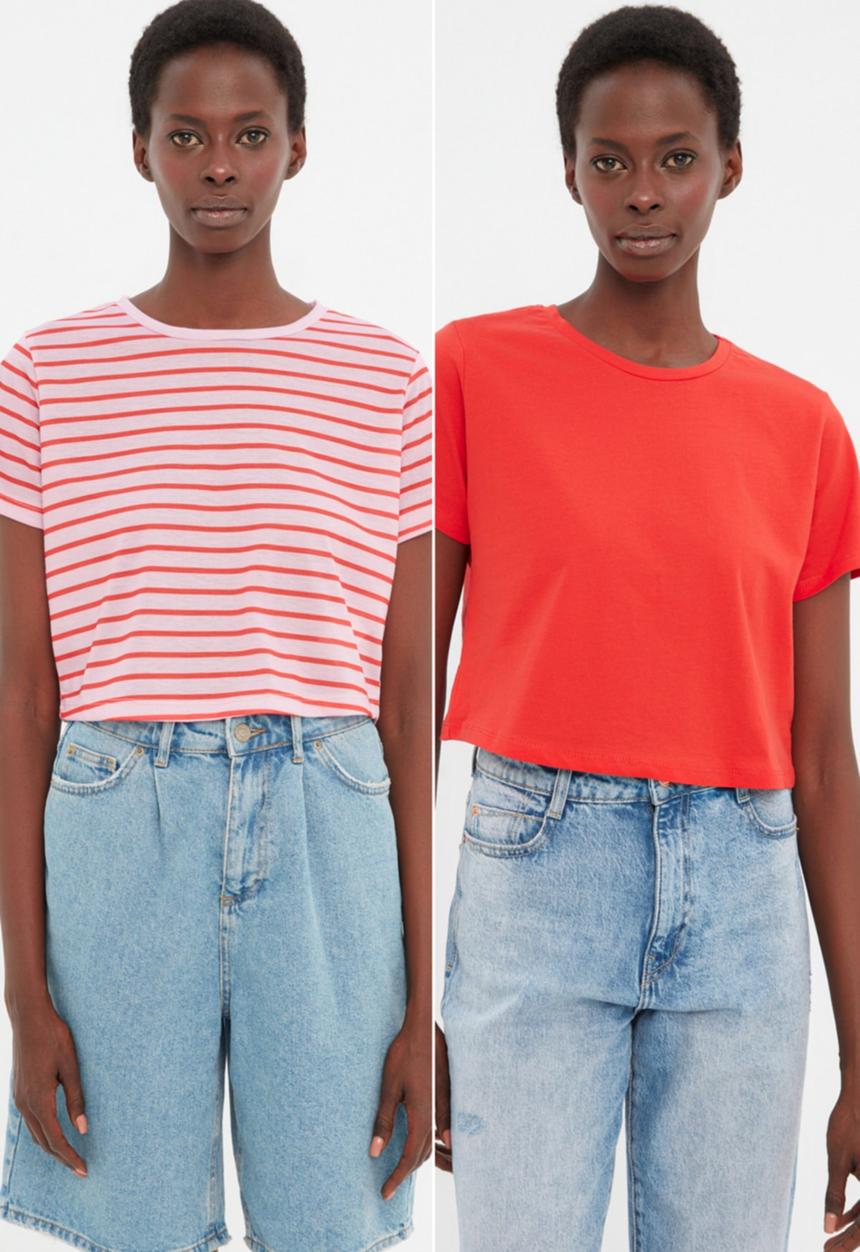 Koton - 2 Pack striped-plain knitted T-shirt - red & pink
