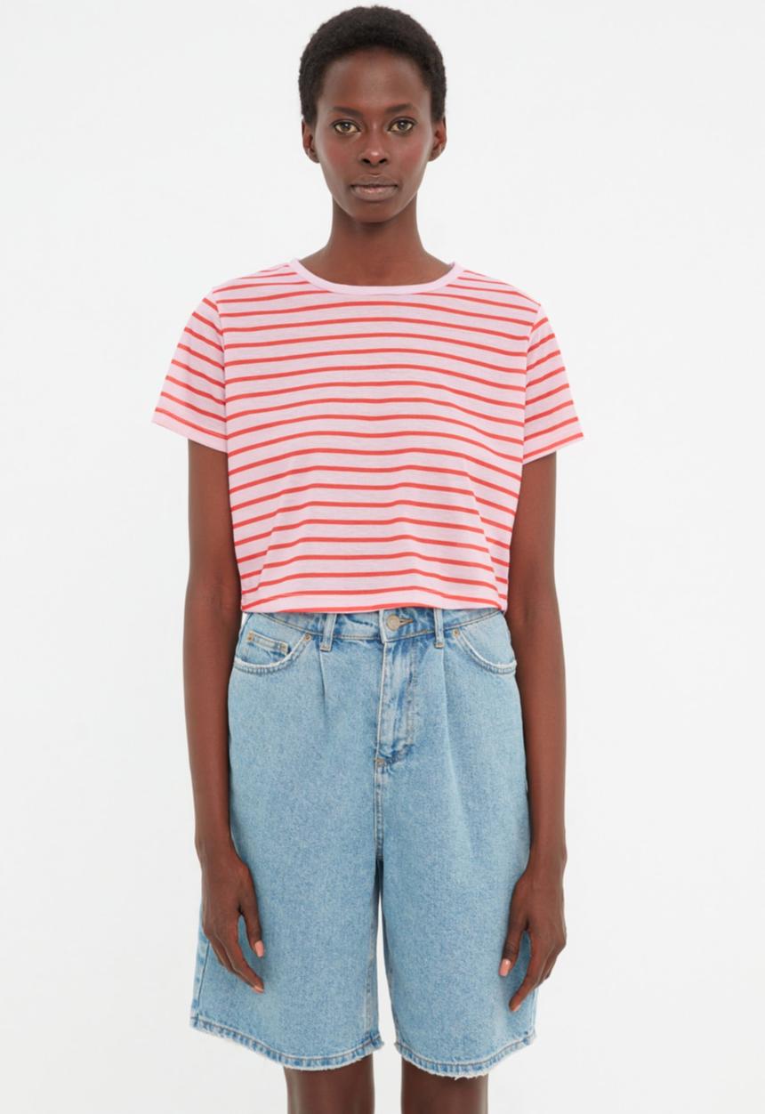 Koton - 2 Pack striped-plain knitted T-shirt - red & pink