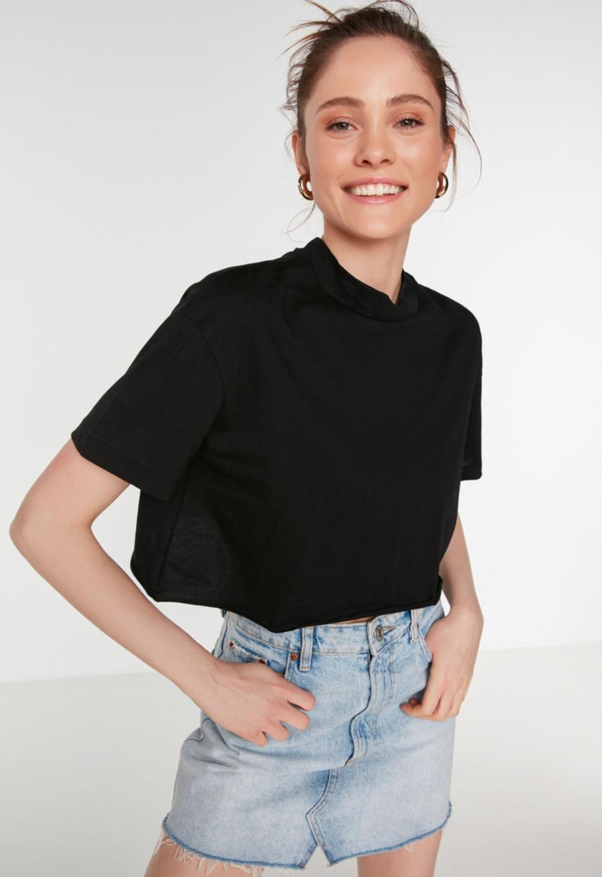 Koton - 2 Pack stand up collar crop knitted T-shirt - black & white