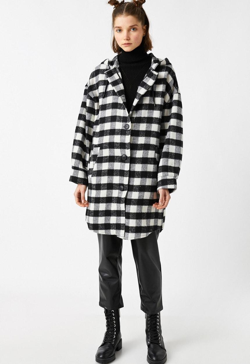 Koton - Check, hooded, oversize jacket - black & white