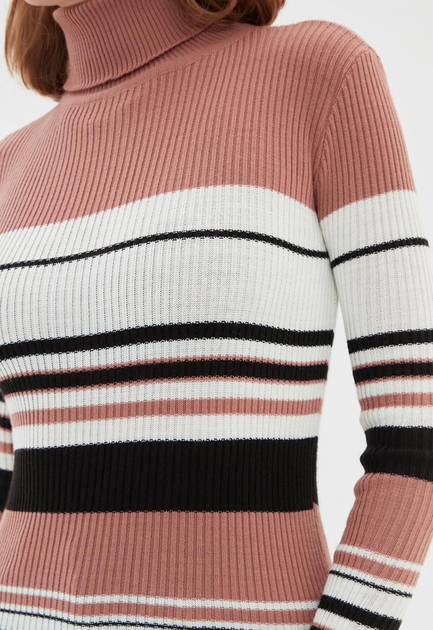 Trendyol - Striped turtleneck knitwear sweater  - dried rose