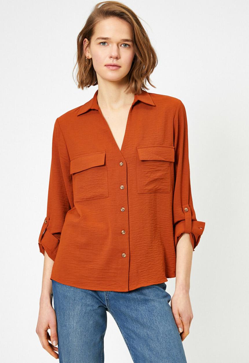 Koton - V-neck long sleeve shirt - burnt orange