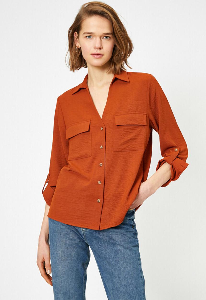 Koton - V-neck long sleeve shirt - burnt orange