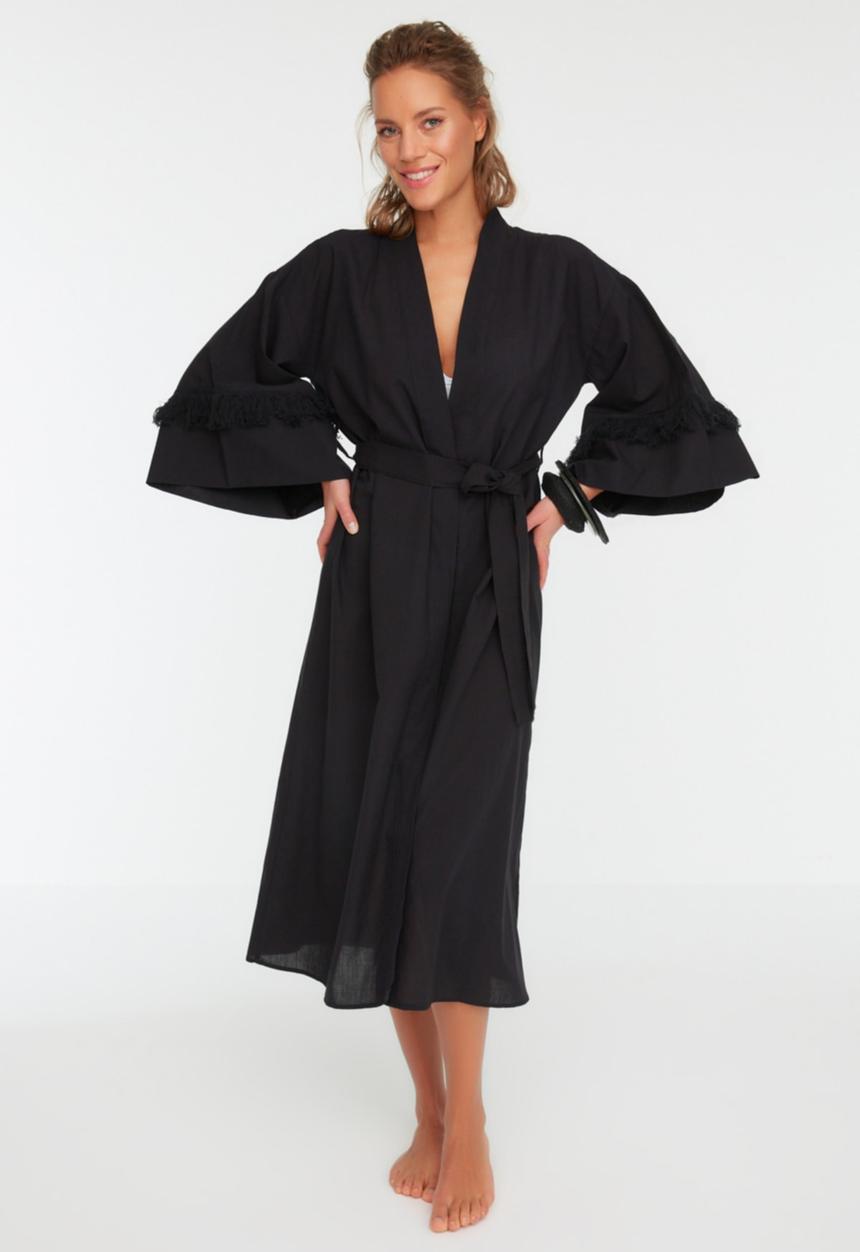 Trendyol - Tassel detailed kimono kaftan - black