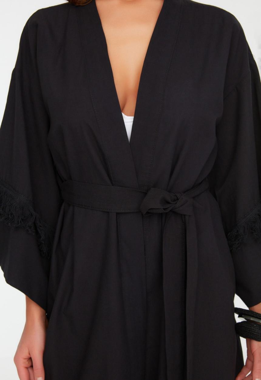 Trendyol - Tassel detailed kimono kaftan - black