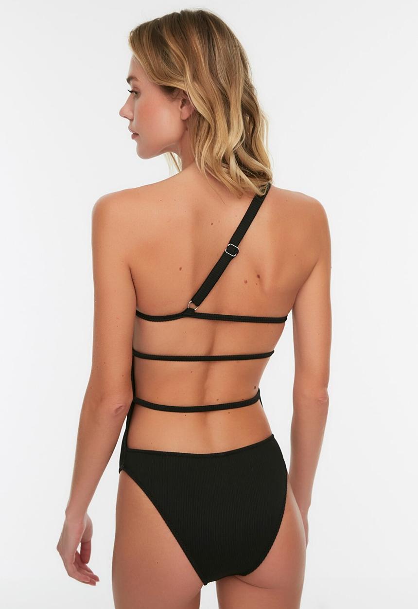 Trendyol - Textured one shoulder swimsuit  - black