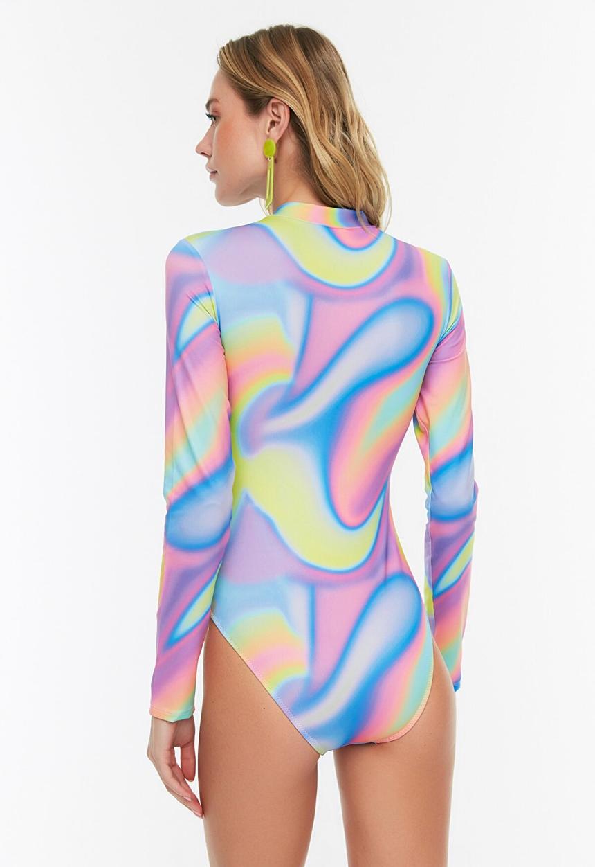 Trendyol - Long sleeve surf themed swimsuit - lilac