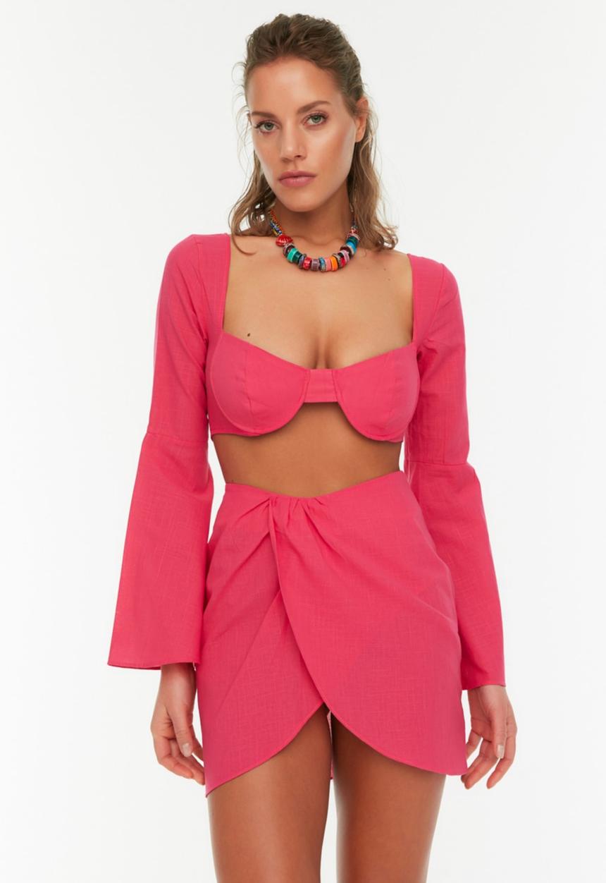 Trendyol - Long sleeve blouse-skirt set - fuchsia