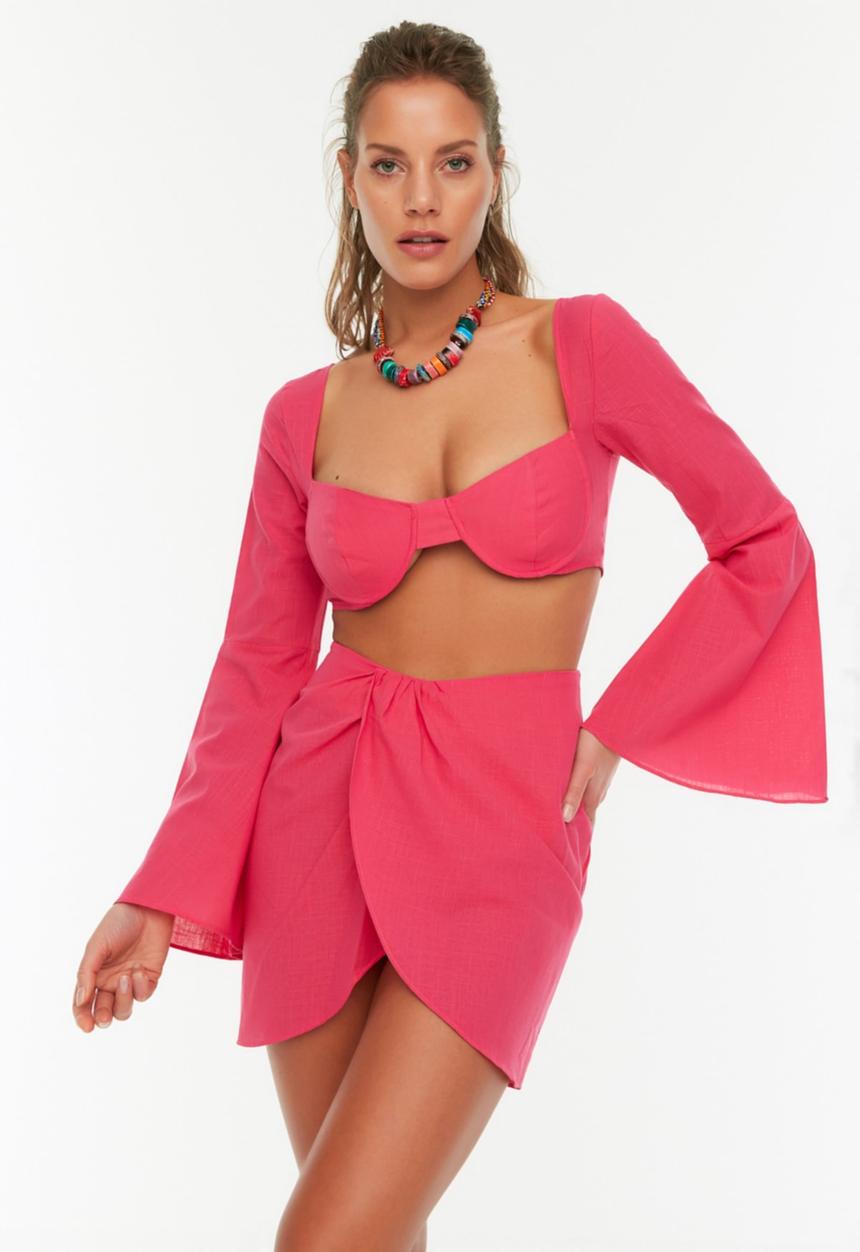 Trendyol - Long sleeve blouse-skirt set - fuchsia