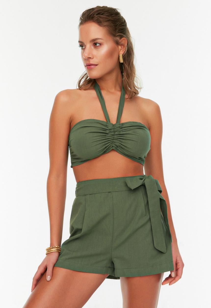 Trendyol - Neck tie detailed blouse-short set - khaki