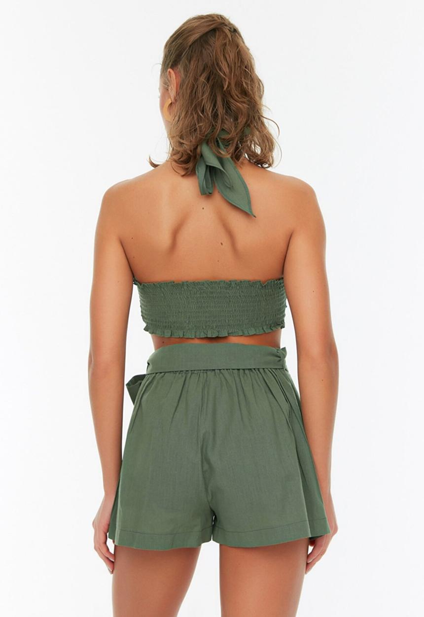 Trendyol - Neck tie detailed blouse-short set - khaki