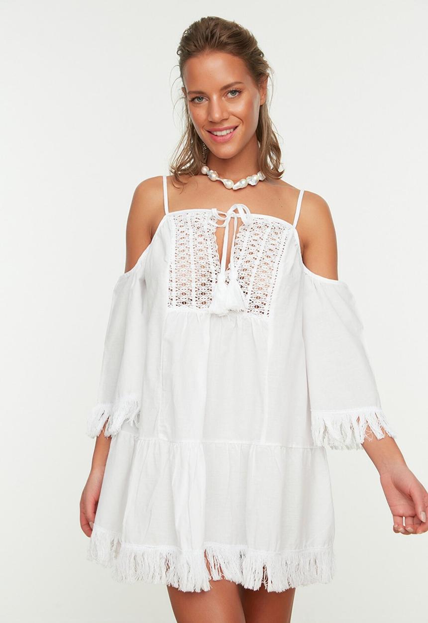 Trendyol - Carmen collar fringe embroidered beach dress - white