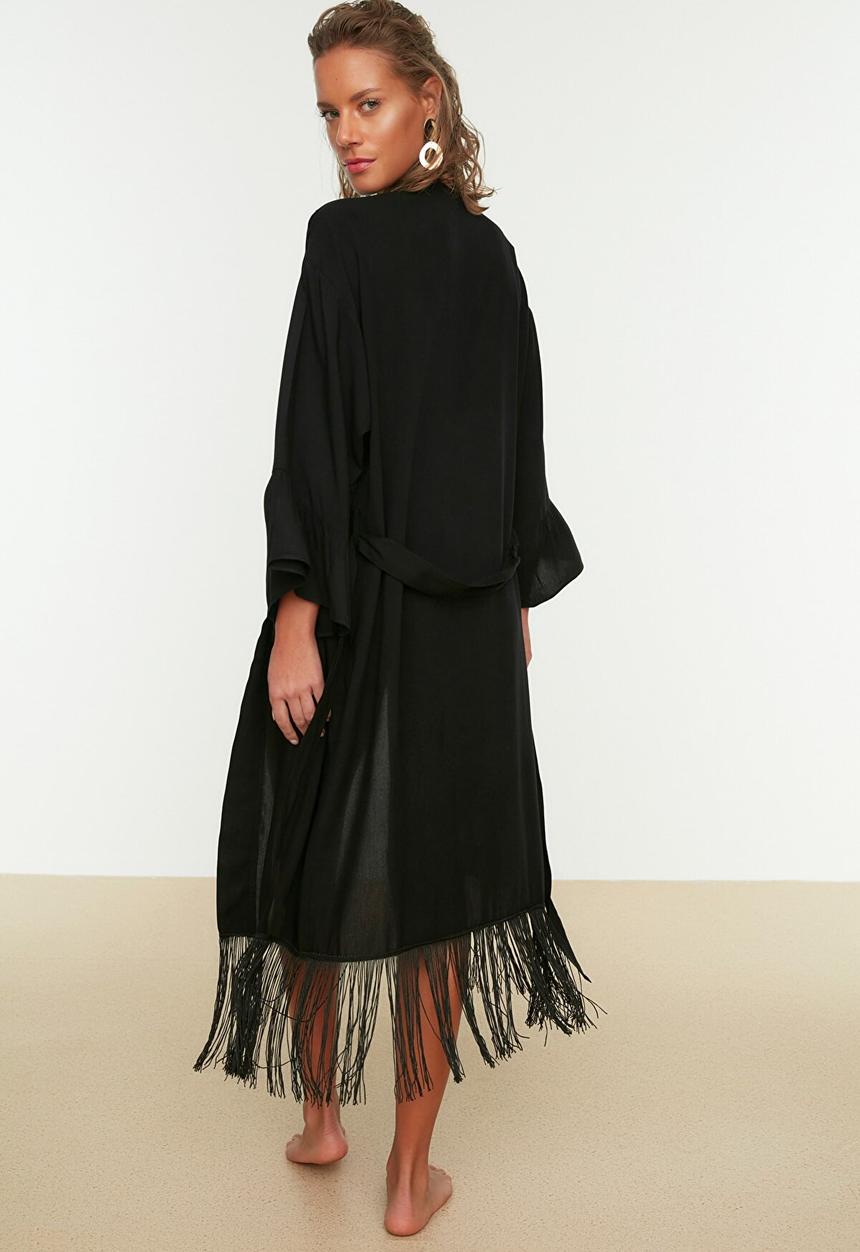 Trendyol - Tassel detailed kimono kaftan - black