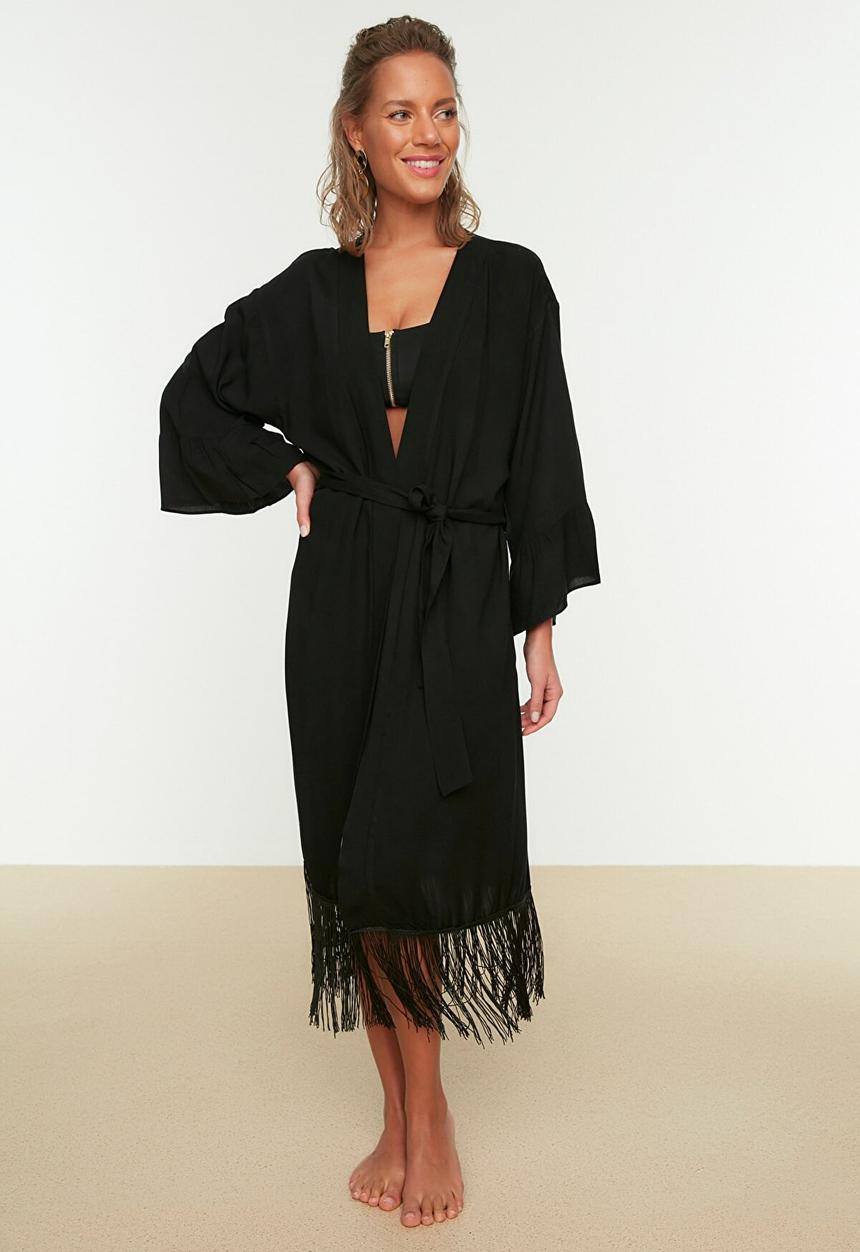 Trendyol - Tassel detailed kimono kaftan - black