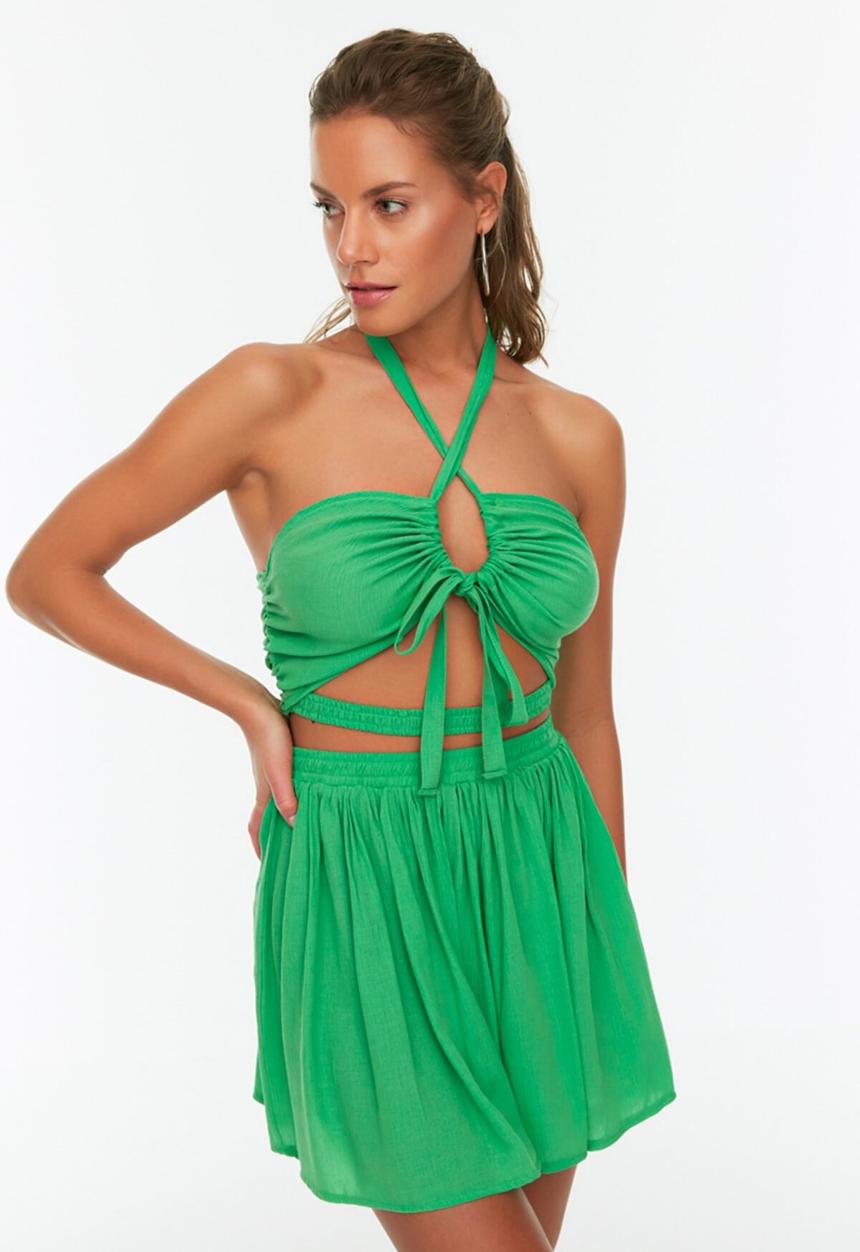 Trendyol - Tie detailed blouse-skirt set - green