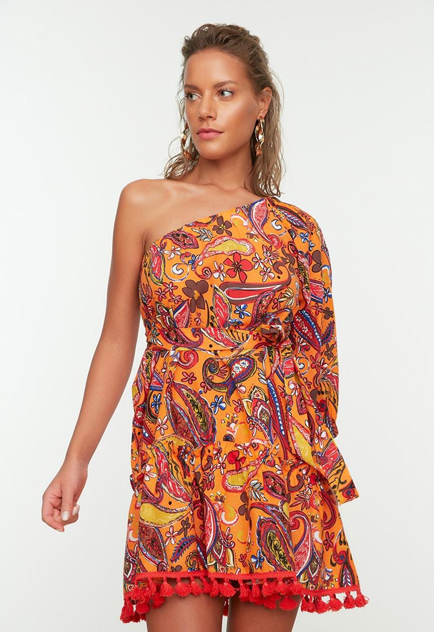 Trendyol - Paisley patterned one-shoulder dress - orange