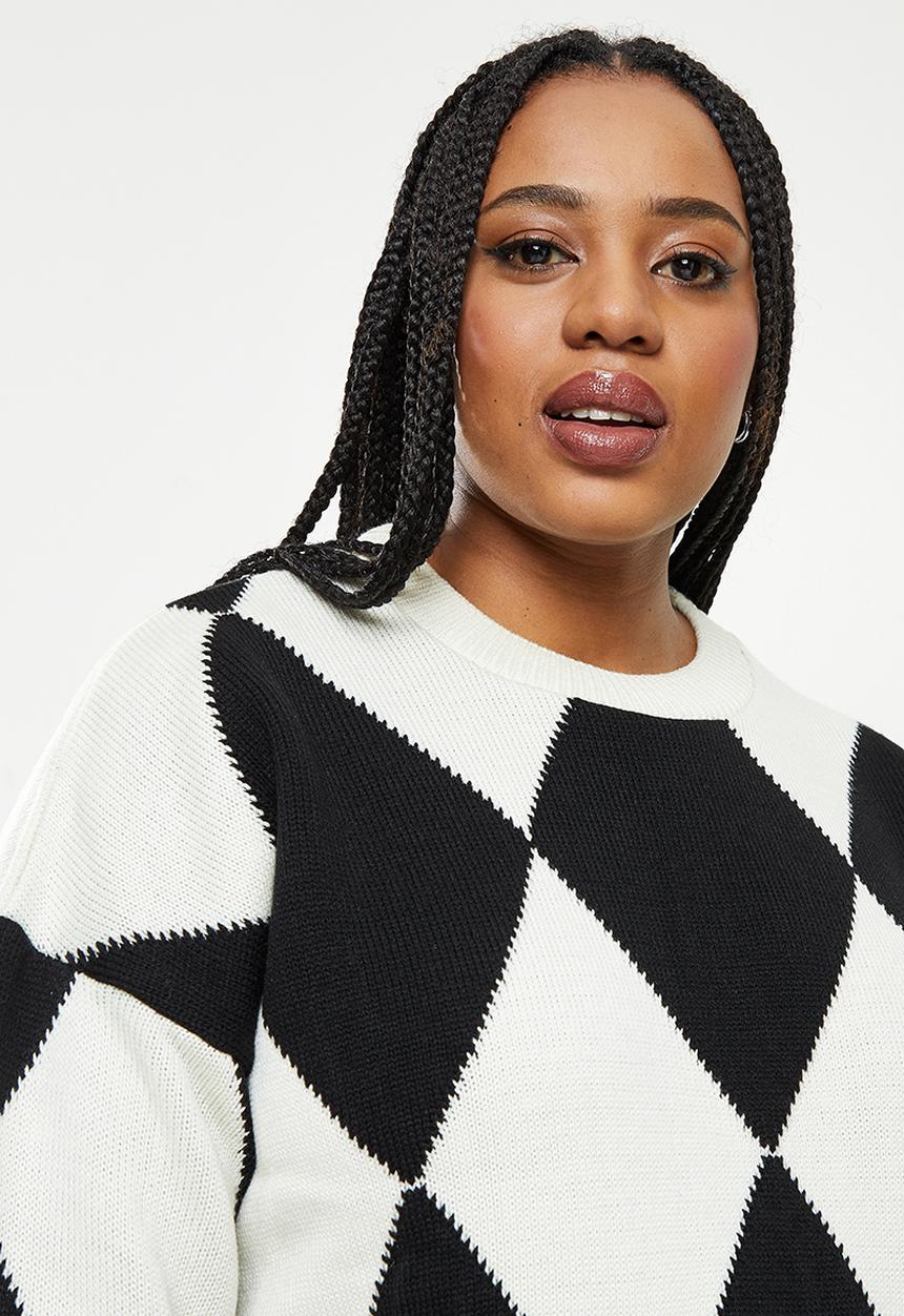 Me&B - Plus check print knit pullover - black & white