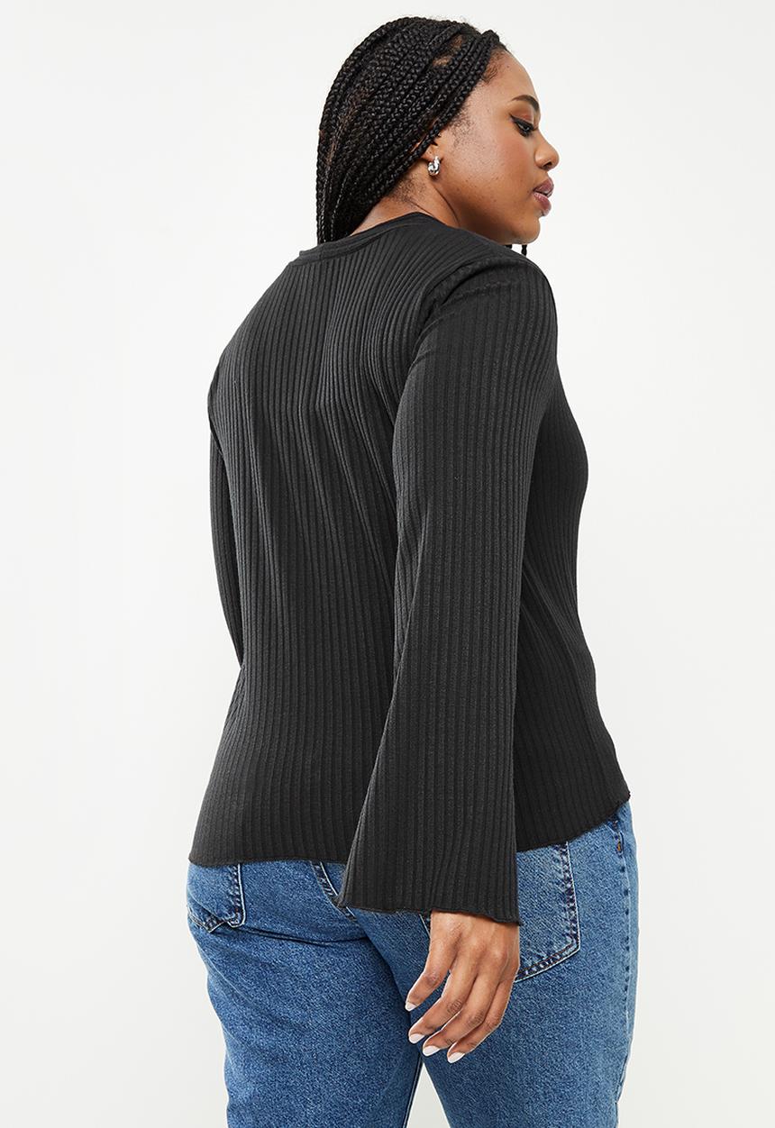 Me&B - Plus bellow sleeve ribbed button down top - black