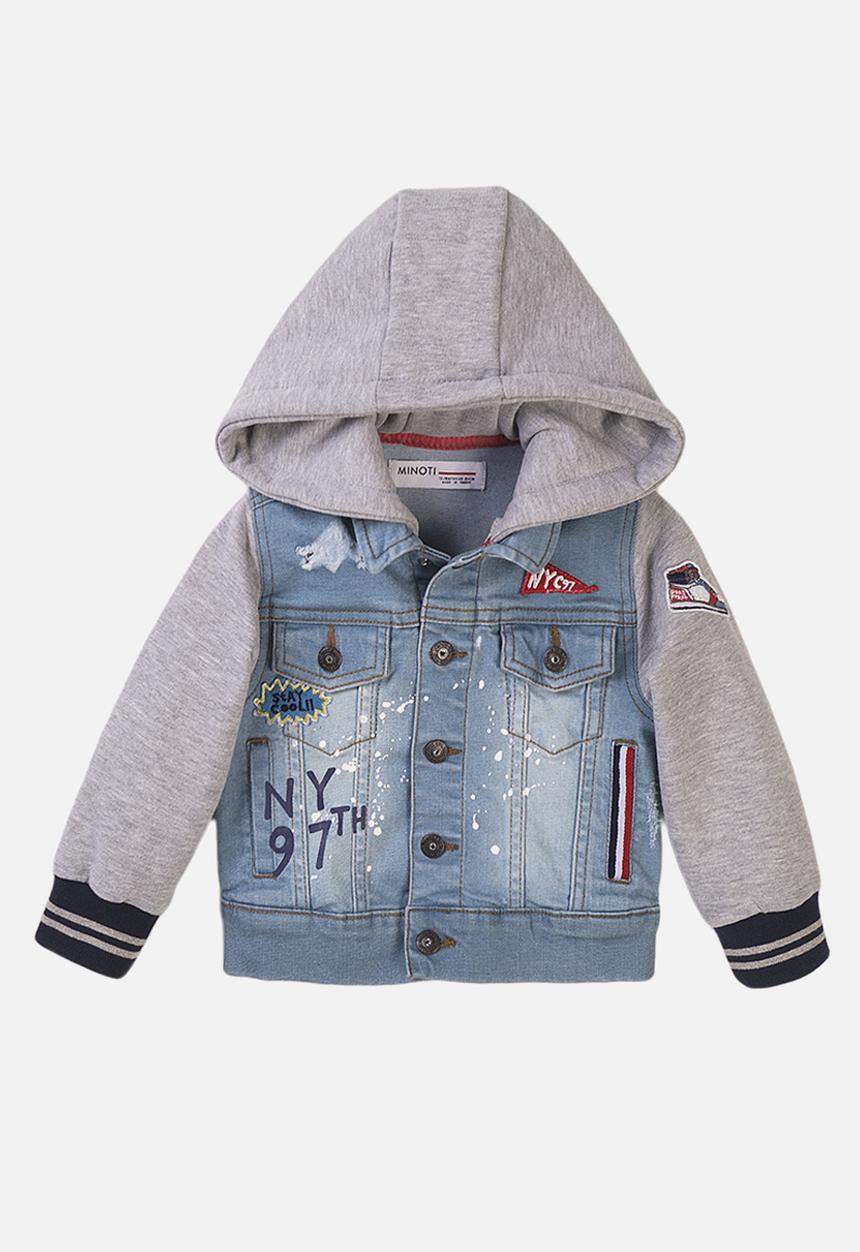 MINOTI - Denim jacket with fleece sleeves & hood - blue & grey