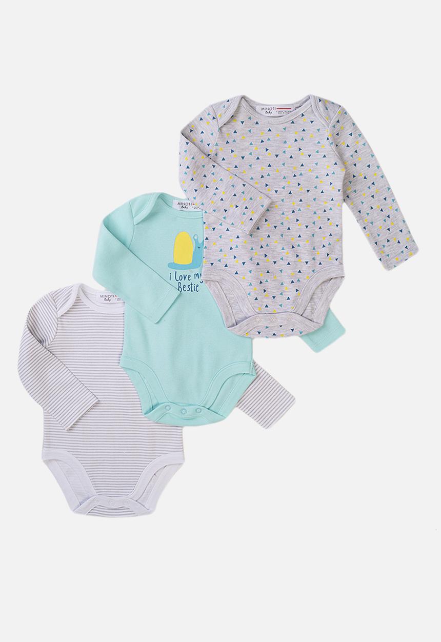 MINOTI - 3-pack babygrows - blue, grey & multi