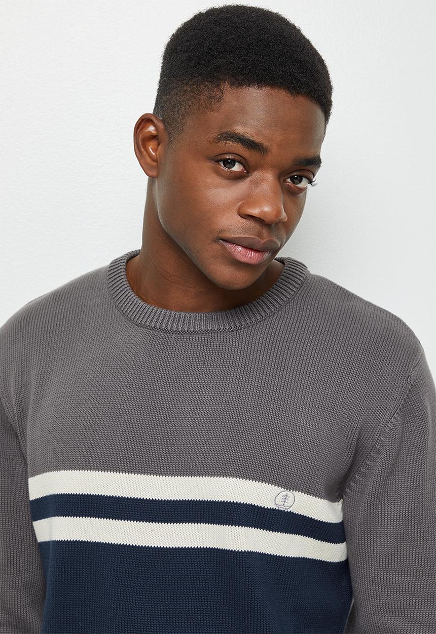 Lark & Crosse - Stripe pattern crew neck knit - charcoal & navy 