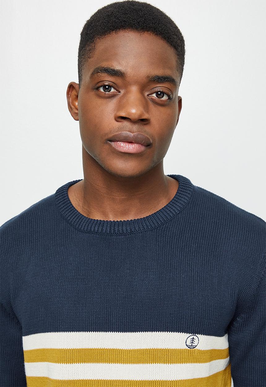 Lark & Crosse - Stripe pattern crew neck knit - navy & yellow 