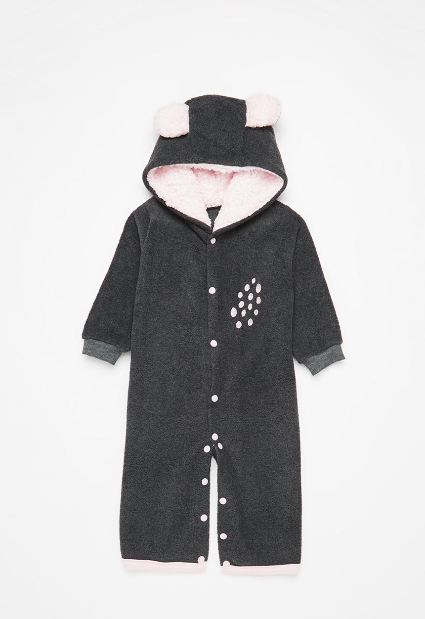 Little Lumps - Bear spotted polar babygro - charcoal/pink lining